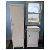 Two White Metal Cabinets With Shelves