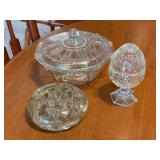 Pressed Glass Candy Dish, Egg Jar, And Flower Frog