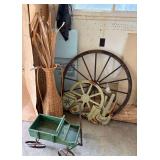 Wicker Vase, Wagon Wheel, Metal Decor, Cart