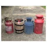 Milk Cans And Wood Barrel Planter