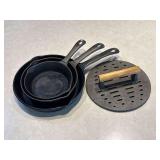 3 Cast Iron Skillets With Grill Press