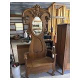 Carved Oak Hall Tree With Mirror And Storage Bench