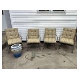 Four Metal Frame Chairs With Plaid Cushions