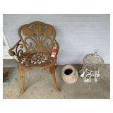 Cast Metal Garden Chair, Jug, And Birdcage
