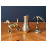 Brass Dog Figurine, Vase, And Crane Sculpture