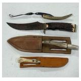 Custom Stag Handled Hunting Knives with Leather Sheaths