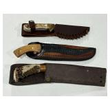 Custom Stag Handled Hunting Knives with Leather Sheaths