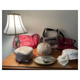Antique womenï¿½s hats, bags, lamp, mirrored tray