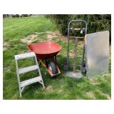 Wheelbarrow, dollie, table, stool