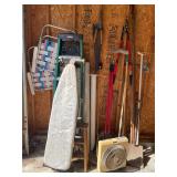 Outdoor tools, ladder, and assorted items