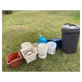 Trash can, buckets, flower pots