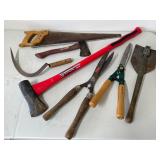 Axes, sheers, saw, and tools