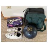 Golf balls, bowling ball, and bowling shoes