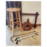 Gun rack, stool, and assorted items