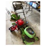 Mower, blower, and gas can