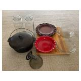 Iron kettle, antique bell, and kitchenware