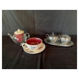 Silver plated cream and sugar, Tea pot and cup