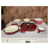 Iron pans, enamel cast iron and assorted bowls