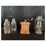 Vintage coffee turn, lantern,milk jugs