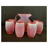 Fenton Hobnail cranberry glass-pitcher, glasses