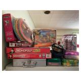 Assorted games and crayons