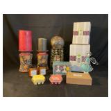 Assorted candles and candle holders