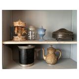 Putter teapot and trash can and home decor