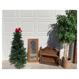 Antique shelf, mirror, faux trees