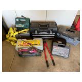 Toolboxes, tools, floor jack, and pump