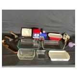 2 - Pyrex dishes, cookie jar, and kitchenware