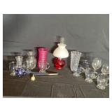 Glass oil lantern, vases, and glassware