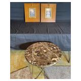 Stone/metal table and 2 - antique wall decor