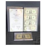 Silver certificate and uncut sheet of $1 bills