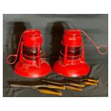 Antique railroad lanterns and antique hair curlers