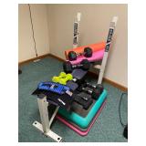 Bench, weights, and exercise items