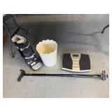 Scales, trash can, cane
