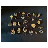 Assorted costume, jewelry, pins, belt buckle, etc