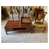 Coffee table, Vtg chair, magazine rack