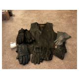 Leather vest, gloves