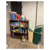 Assorted cleaning supplies, trash cans
