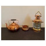 Brass / Coper oil lantern, cooper pot and cup