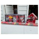 Coca Cola birdhouse, tins, wrapping paper