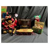 2 music boxes and Christmas decor