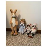 2 Effanbee dolls, porcelain doll, and bunny