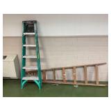 Fiberglass ladder and wood ladder