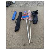 Umbrellas, Chair, Volleyball Net, & Sandbags