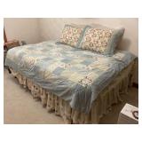 Full size bed with rails, box, mattress, & linens
