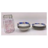Jar Canister, 4 Matching Bowls and Bread Plates