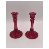 Ruby Red Glass Candlestick Holders