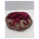 Red Velvet Hat with Embroidery and Bead Trim